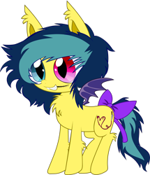 Size: 2861x3334 | Tagged: safe, artist:cactuscruncher, derpibooru exclusive, oc, oc only, oc:chelsea smile, bat pony, pony, undead, vampire, .svg available, bat pony oc, blue eyes, blue mane, blue tail, bow, chest fluff, clothes, dyed mane, dyed tail, ear fluff, elbow fluff, emo, fangs, heterochromia, high res, hock fluff, looking forward, male, messy mane, messy tail, multicolored mane, purple wings, red eyes, sharp teeth, shiny eyes, simple background, slit pupils, small wings, smiling, solo, spread wings, stallion, standing, stitches, svg, tail, teeth, transparent background, vector, wings, yellow coat
