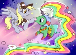 Size: 1000x727 | Tagged: safe, artist:nedemai, derpy hooves, pegasus, pony, unicorn, g4, boop, mail, rainbow, space, space unicorn