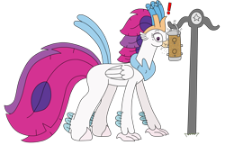 Size: 3264x2096 | Tagged: safe, artist:supahdonarudo, queen novo, classical hippogriff, hippogriff, series:novoember, g4, my little pony: the movie, behaving like a bird, bird feeder, crumbs, eating, exclamation point, high res, hippogriffs doing bird things, simple background, solo, surprised, transparent background