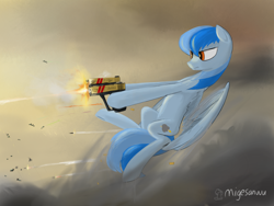 Size: 2160x1620 | Tagged: safe, artist:migesanwu, oc, oc only, oc:cloud crystal, changeling, pegasus, pony, bullet, cloud, cloudy, female, fight, glock, gun, handgun, looking at something, magic, mare, missile, pegasus oc, pistol, rocket, shooting, side view, signature, solo, spread wings, weapon, wings