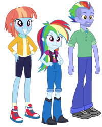 Size: 4000x5000 | Tagged: safe, artist:octosquish7260, bow hothoof, rainbow dash, windy whistles, human, equestria girls, g4, boots, clothes, converse, cute, dashabetes, denim, equestria girls-ified, family, female, jeans, male, pants, rainbow dash's parents, shirt, shoes, simple background, skirt, smiling, suspenders, transparent background, trio, younger