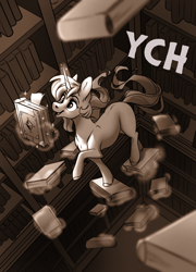Size: 1200x1664 | Tagged: safe, artist:28gooddays, oc, oc only, pony, unicorn, book, bookshelf, commission, library, magic, monochrome, sketch, solo, telekinesis, ych sketch, your character here