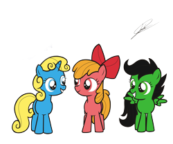 Size: 3000x2500 | Tagged: safe, artist:dsonic720, artist:icicle-niceicle-1517, color edit, edit, apple bloom, scootaloo, sweetie belle, earth pony, pegasus, pony, unicorn, g4, apple bloom's bow, blossom (powerpuff girls), bow, bubbles (powerpuff girls), buttercup (powerpuff girls), collaboration, colored, cutie mark crusaders, female, filly, foal, grin, hair bow, high res, recolor, simple background, smiling, the powerpuff girls, transparent background, trio