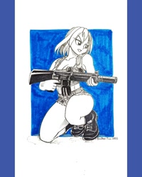 Size: 1080x1350 | Tagged: safe, artist:brother-tico, rainbow dash, human, g4, assault rifle, belly, boots, breasts, busty rainbow dash, cleavage, clothes, daisy dukes, female, grin, gun, huevember, humanized, kneeling, legs, midriff, monochrome, rifle, shirt, shoes, shorts, sleeveless, sleeveless shirt, smiling, solo, thighs, traditional art, weapon
