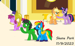 Size: 4246x2611 | Tagged: safe, artist:creedyboy124, applejack, berry punch, berryshine, twilight sparkle, oc, oc:shield wing, oc:star armour, alicorn, earth pony, pegasus, pony, g4, alicorn oc, female, horn, male, mall, musical instrument, tuba, twilight sparkle (alicorn), wings