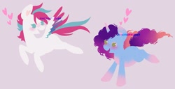 Size: 2198x1124 | Tagged: safe, artist:nyctophilist, derpibooru exclusive, misty brightdawn, zipp storm, pegasus, pony, unicorn, g5, adorazipp, afro mane, blue coat, blushing, coiled mane, cornrows, cute, duo, duo female, duo focus, female, flowing mane, fluffy mane, flying, happy, heart, in love, lesbian, lineless, love, mare, mistybetes, pink hooves, pink mane, purple mane, racing, rebirth misty, running, ship:dawnstorm, shipping, smiling, spread wings, white coat, wings