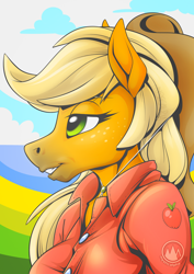Size: 2170x3070 | Tagged: safe, artist:mysticalpha, applejack, earth pony, anthro, g4, breasts, bust, busty applejack, facial markings, female, grin, high res, hoers, lidded eyes, mare, mealy mouth (coat marking), portrait, profile, smiling, solo