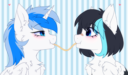 Size: 5051x2990 | Tagged: safe, artist:pesty_skillengton, oc, oc only, alicorn, pegasus, pony, bandaid, bandaid on nose, blushing, bust, chest fluff, cute, ear fluff, female, food, heart, lesbian, love, mare, pasta, spaghetti, wings