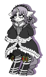 Size: 618x1015 | Tagged: safe, artist:feenadot, oc, oc only, oc:death drive, pony, unicorn, g4, bipedal, charm, clothes, curly hair, dress, eyeshadow, female, female oc, goth, lolita fashion, makeup, mare, margaret moonlight, no more heroes, simple background, solo, transparent background