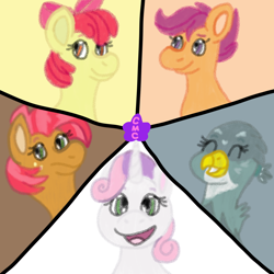 Size: 1200x1200 | Tagged: safe, artist:mintwhistle, apple bloom, babs seed, gabby, scootaloo, sweetie belle, earth pony, griffon, pegasus, pony, unicorn, g4, apple bloom's bow, bow, cmc day, confident, cutie mark crusaders, eyes closed, female, filly, foal, freckles, front view, frown, griffon teeth, grin, group, hair bow, hairband, looking at you, looking back, medibang paint, one of these things is not like the others, open mouth, open smile, ponytail, quintet, smiling, smiling at you, stars