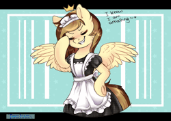Size: 1200x849 | Tagged: safe, artist:tokokami, oc, oc only, oc:prince whateverer, pegasus, pony, semi-anthro, :<, > <, >.<, ><, animated, arm hooves, baka, bipedal, blushing, clothes, crossdressing, crown, dialogue, dress, eyes closed, facial expressions, french maid, hooves behind back, jewelry, maid, maid headdress, male, open mouth, regalia, skirt, solo, text, underhoof, uniform