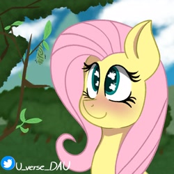 Size: 2048x2048 | Tagged: safe, artist:juniverse, fluttershy, insect, pegasus, pony, g4, blue sky, blushing, colored, cute, cutie mark eyes, female, forest, high res, meme, nature, nature is so fascinating, pupa, shyabetes, smiling, solo, tree, wingding eyes