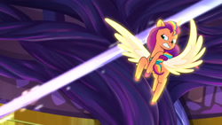 Size: 3072x1727 | Tagged: safe, screencap, sunny starscout, alicorn, pony, g5, my little pony: tell your tale, the rise and fall, spoiler:g5, spoiler:my little pony: tell your tale, spoiler:tyts01e67, female, flying, frown, mare, race swap, solo, spread wings, sunnycorn, wings