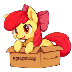 Size: 2000x2000 | Tagged: prompter needed, safe, ai assisted, ai content, apple bloom, earth pony, pony, g4, adorabloom, blushing, box, cardboard box, chest fluff, cute, female, filly, foal, high res, if i fits i sits, open mouth, pony in a box, simple background, solo, transparent background