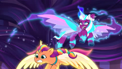 Size: 3072x1727 | Tagged: safe, screencap, opaline arcana, sunny starscout, alicorn, pony, g5, my little pony: tell your tale, the rise and fall, spoiler:g5, spoiler:my little pony: tell your tale, spoiler:tyts01e67, duo, duo female, female, flying, frown, mare, open mouth, open smile, race swap, smiling, spread wings, sunnycorn, wings