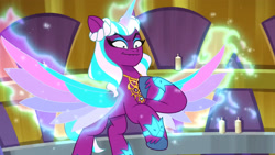 Size: 3072x1727 | Tagged: safe, screencap, opaline arcana, alicorn, pony, g5, my little pony: tell your tale, the rise and fall, spoiler:g5, spoiler:my little pony: tell your tale, spoiler:tyts01e67, female, flying, mare, smiling, smirk, solo, spread wings, wings