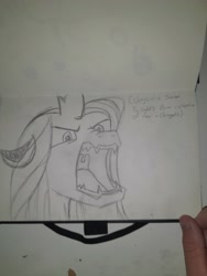 Size: 4000x3000 | Tagged: safe, artist:bazza, queen chrysalis, bug pony, changeling, changeling queen, insect, g4, angry, disgusted, female, floppy ears, hissing, horn, implied twilight sparkle, implied twisalis, jagged horn, maw, monochrome, nose wrinkle, pencil drawing, scowl, sharp teeth, simple background, sketch, sketchbook, slit pupils, solo, subtitles, teeth, traditional art, uvula, white background, wrinkles