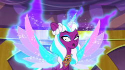 Size: 3072x1727 | Tagged: safe, screencap, opaline arcana, alicorn, pony, g5, my little pony: tell your tale, the rise and fall, spoiler:g5, spoiler:my little pony: tell your tale, spoiler:tyts01e67, :o, eyebrows, female, flying, mare, open mouth, raised eyebrow, solo, spread wings, wings