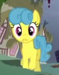 Size: 248x311 | Tagged: safe, screencap, bell perin, lemon hearts, earth pony, pony, bloom & gloom, g4, season 5, alternate hairstyle, animation error, cropped, earth pony lemon hearts, female, frown, galloping, mare, missing horn, race swap, running, solo focus, wrong hairstyle