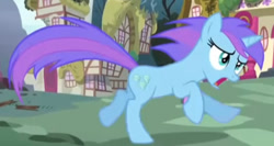 Size: 757x403 | Tagged: safe, screencap, orchid dew, pony, unicorn, bloom & gloom, g4, season 5, animation error, cropped, female, frown, galloping, mare, not diamond mint, open mouth, panicking, running, solo focus, wrong eye color