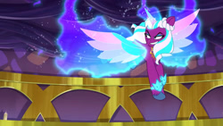 Size: 3072x1727 | Tagged: safe, screencap, opaline arcana, alicorn, pony, g5, my little pony: tell your tale, the rise and fall, spoiler:g5, spoiler:my little pony: tell your tale, spoiler:tyts01e67, female, flying, grin, mare, peytral, smiling, solo, spread wings, wings