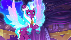 Size: 3072x1727 | Tagged: safe, screencap, opaline arcana, alicorn, pony, g5, my little pony: tell your tale, the rise and fall, spoiler:g5, spoiler:my little pony: tell your tale, spoiler:tyts01e67, female, flying, grin, mare, peytral, smiling, solo, spread wings, wings