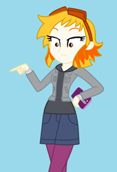 Size: 681x1003 | Tagged: safe, artist:robertsonskywa1, flare (g5), human, equestria girls, g4, g5, blue background, cellphone, clothes, cosplay, costume, equestria girls-ified, female, g5 to equestria girls, g5 to g4, generation leap, goggles, netflix, phone, photo, ramona flowers, scott pilgrim takes off, simple background, solo