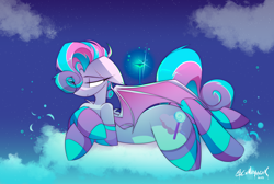 Size: 2500x1681 | Tagged: safe, artist:madragon, oc, oc:sweetie swirl, bat pony, alcohol, bat pony oc, clothes, cloud, commission, hoof hold, lidded eyes, lying down, martini, one wing out, sky, socks, stars, stockings, striped socks, thigh highs, wings, ych result