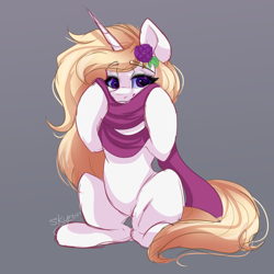 Size: 2000x2000 | Tagged: safe, artist:skyboundsiren, oc, oc only, oc:winthria siriusa, pony, unicorn, clothes, female, flower, high res, scarf, signature, sitting, sketch, solo