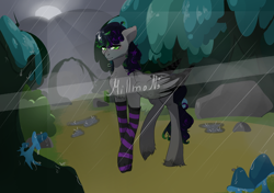 Size: 2466x1739 | Tagged: safe, artist:millman;, oc, oc only, pegasus, pony, clothes, commission, forest, moon, nature, night, pegasus oc, rain, socks, solo, stockings, striped socks, thigh highs, tree