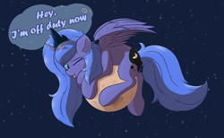 Size: 2980x1841 | Tagged: safe, artist:hcl, derpibooru exclusive, princess luna, alicorn, pony, g4, :p, ;p, cute, ear fluff, female, horn, looking at you, lunabetes, mare, moon, one eye closed, s1 luna, sky, smiling, solo, space, speech bubble, spread wings, stars, talking to viewer, tangible heavenly object, tongue out, wings, wink, winking at you