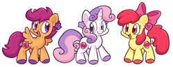 Size: 2409x941 | Tagged: safe, artist:raystarkitty, apple bloom, scootaloo, sweetie belle, earth pony, original species, pegasus, plush pony, pony, unicorn, g4, colored hooves, cutie mark crusaders, ear tag, female, filly, foal, heart, heart eyes, open mouth, open smile, outline, plushie, plushification, simple background, smiling, transparent background, trio, trio female, white outline, wingding eyes