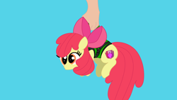 Size: 3840x2160 | Tagged: safe, alternate character, alternate version, artist:duran301, apple bloom, series:pack a pony, g4, blue background, carrying, hand, high res, simple background, solo