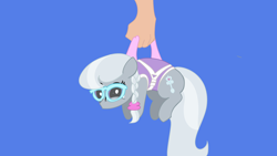 Size: 3840x2160 | Tagged: safe, alternate character, alternate version, artist:duran301, silver spoon, series:pack a pony, g4, blue background, carrying, hand, high res, simple background, solo