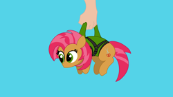 Size: 3840x2160 | Tagged: safe, alternate character, alternate version, artist:duran301, babs seed, series:pack a pony, g4, blue background, carrying, hand, high res, simple background, solo