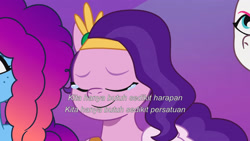 Size: 3072x1727 | Tagged: safe, screencap, misty brightdawn, pipp petals, zipp storm, pegasus, pony, unicorn, g5, my little pony: tell your tale, the rise and fall, spoiler:g5, spoiler:my little pony: tell your tale, spoiler:tyts01e67, crying, eyes closed, female, indonesian, mare, rebirth misty, royal sisters (g5), siblings, sisters, smiling, subtitles, tears of joy, trio, trio female
