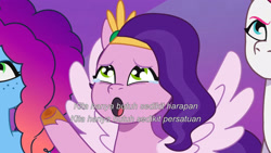 Size: 3072x1727 | Tagged: safe, screencap, misty brightdawn, pipp petals, zipp storm, pegasus, pony, unicorn, g5, my little pony: tell your tale, the rise and fall, spoiler:g5, spoiler:my little pony: tell your tale, spoiler:tyts01e67, :o, crying, female, indonesian, mare, open mouth, rebirth misty, royal sisters (g5), siblings, sisters, spread wings, starry eyes, subtitles, tears of joy, trio, trio female, wingding eyes, wings