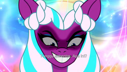 Size: 3072x1727 | Tagged: safe, screencap, opaline arcana, alicorn, pony, g5, my little pony: tell your tale, the rise and fall, spoiler:g5, spoiler:my little pony: tell your tale, spoiler:tyts01e67, female, flying, grin, indonesian, mare, rainbow fire, smiling, solo, spread wings, subtitles, wings