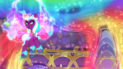 Size: 3072x1727 | Tagged: safe, screencap, opaline arcana, alicorn, pony, g5, my little pony: tell your tale, the rise and fall, spoiler:g5, spoiler:my little pony: tell your tale, spoiler:tyts01e67, female, flying, indonesian, magic, mare, open mouth, peytral, rainbow fire, solo, spread wings, subtitles, together tree, tree, wings