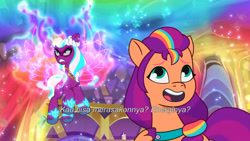 Size: 3072x1727 | Tagged: safe, screencap, opaline arcana, sunny starscout, alicorn, earth pony, pony, g5, my little pony: tell your tale, the rise and fall, spoiler:g5, spoiler:my little pony: tell your tale, spoiler:tyts01e67, cute, duo, duo female, female, flying, frown, indonesian, magic, mare, open mouth, open smile, peytral, rainbow fire, smiling, spread wings, subtitles, sunnybetes, together tree, tree, wings