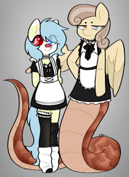Size: 1171x1605 | Tagged: safe, artist:circusartt, oc, oc only, oc:cirsis, oc:dandelion "buttercup", earth pony, lamia, original species, semi-anthro, arm behind back, arm hooves, clothes, digital art, duo, duo female, eye clipping through hair, female, glass eye, hair over one eye, heterochromia, maid, mare, socks, stockings, thigh highs, wings