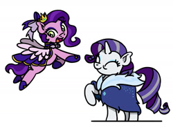 Size: 1800x1350 | Tagged: safe, artist:flutterluv, pipp petals, rarity, pegasus, pony, unicorn, g4, g5, adorapipp, cloak, clothes, cute, dress, duo, eyes closed, female, flying, looking back, mare, older, older rarity, open mouth, open smile, pipp and her heroine, raised hoof, simple background, smiling, white background