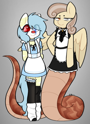Size: 1171x1605 | Tagged: safe, alternate version, artist:circusartt, oc, oc only, oc:cirsis, oc:dandelion "buttercup", earth pony, lamia, original species, semi-anthro, arm behind back, arm hooves, clothes, digital art, duo, duo female, eye clipping through hair, female, glass eye, hair over one eye, heterochromia, maid, mare, socks, stockings, thigh highs, wings