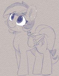Size: 669x858 | Tagged: safe, artist:hazaplan, oc, oc:dusty feather, pegasus, pony, bow, female, freckles, happy, looking up, mare, monochrome, simple background, solo, tail, tail bow