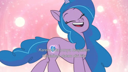 Size: 3072x1727 | Tagged: safe, screencap, izzy moonbow, pony, unicorn, g5, my little pony: tell your tale, the rise and fall, spoiler:g5, spoiler:my little pony: tell your tale, spoiler:tyts01e67, cutie mark, eyes closed, female, glowing cutie mark, indonesian, mare, open mouth, open smile, smiling, solo, subtitles