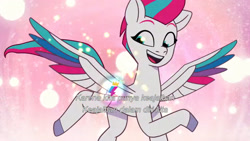 Size: 3072x1727 | Tagged: safe, screencap, zipp storm, pegasus, pony, g5, my little pony: tell your tale, the rise and fall, spoiler:g5, spoiler:my little pony: tell your tale, spoiler:tyts01e67, cutie mark, female, flying, glowing cutie mark, indonesian, mare, open mouth, open smile, smiling, solo, spread wings, subtitles, wings