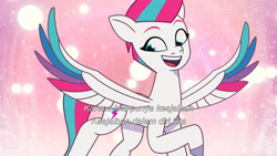 Size: 3072x1727 | Tagged: safe, screencap, zipp storm, pegasus, pony, g5, my little pony: tell your tale, the rise and fall, spoiler:g5, spoiler:my little pony: tell your tale, spoiler:tyts01e67, adorazipp, cute, cutie mark, female, flying, glowing cutie mark, indonesian, mare, solo, spread wings, subtitles, wings