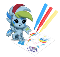 Size: 975x918 | Tagged: safe, artist:mary winkler, rainbow dash, pegasus, pony, g4, g4.5, my little pony: pony life, bottle, concept art, cutie mark, fuzzikins, markers, my little pony logo, potion, rainbow dash's cutie mark, simple background, sketch, solo, sticker, toy, traditional art, white background