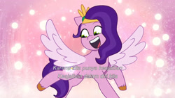 Size: 3072x1727 | Tagged: safe, screencap, pipp petals, pegasus, pony, g5, my little pony: tell your tale, the rise and fall, spoiler:g5, spoiler:my little pony: tell your tale, spoiler:tyts01e67, cutie mark, female, flying, glowing cutie mark, indonesian, mare, open mouth, open smile, smiling, solo, spread wings, subtitles, wings