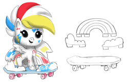 Size: 1400x914 | Tagged: safe, artist:mary winkler, rainbow dash, pegasus, pony, g4, g4.5, my little pony: pony life, official, concept art, fuzzikins, simple background, skateboard, sketch, solo, toy, white background